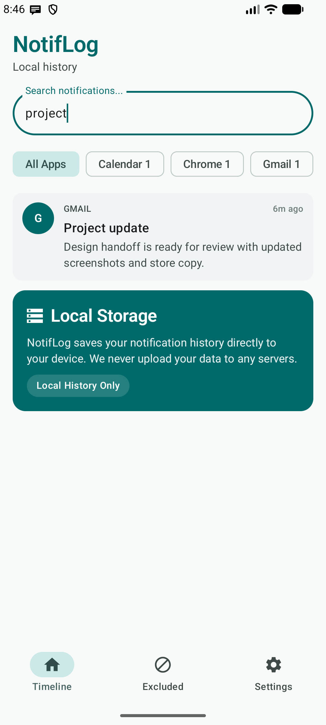 NotifLog search and filter screenshot