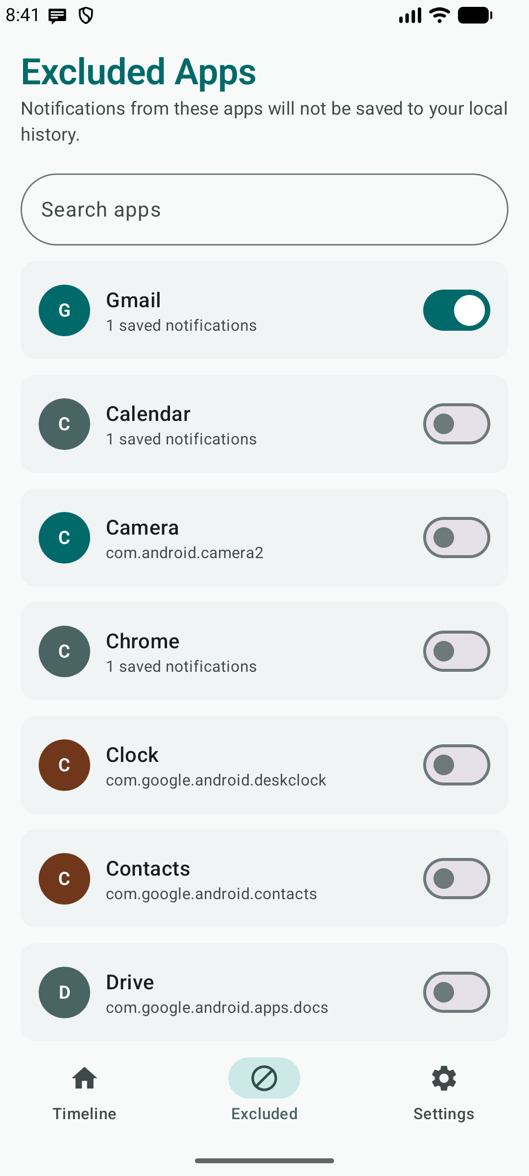 NotifLog excluded apps screenshot